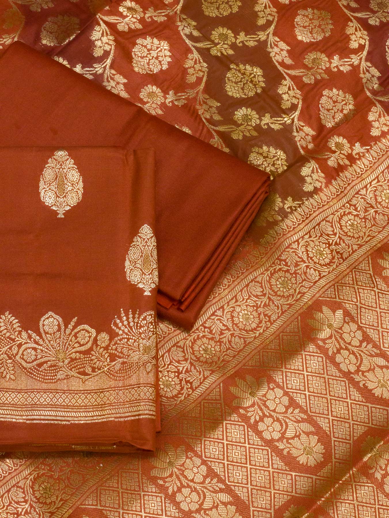 Rusty Orange Mulberry Viscose Hand Rangkaat Suit 3 Pcs Set