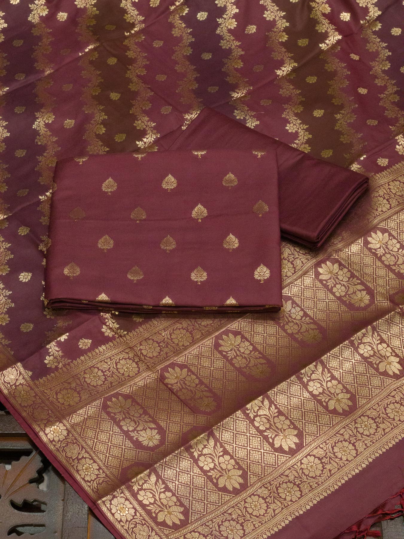 Coffee Maroon Mulberry Viscose Hand Rangkaat Suit 3 Pcs Set