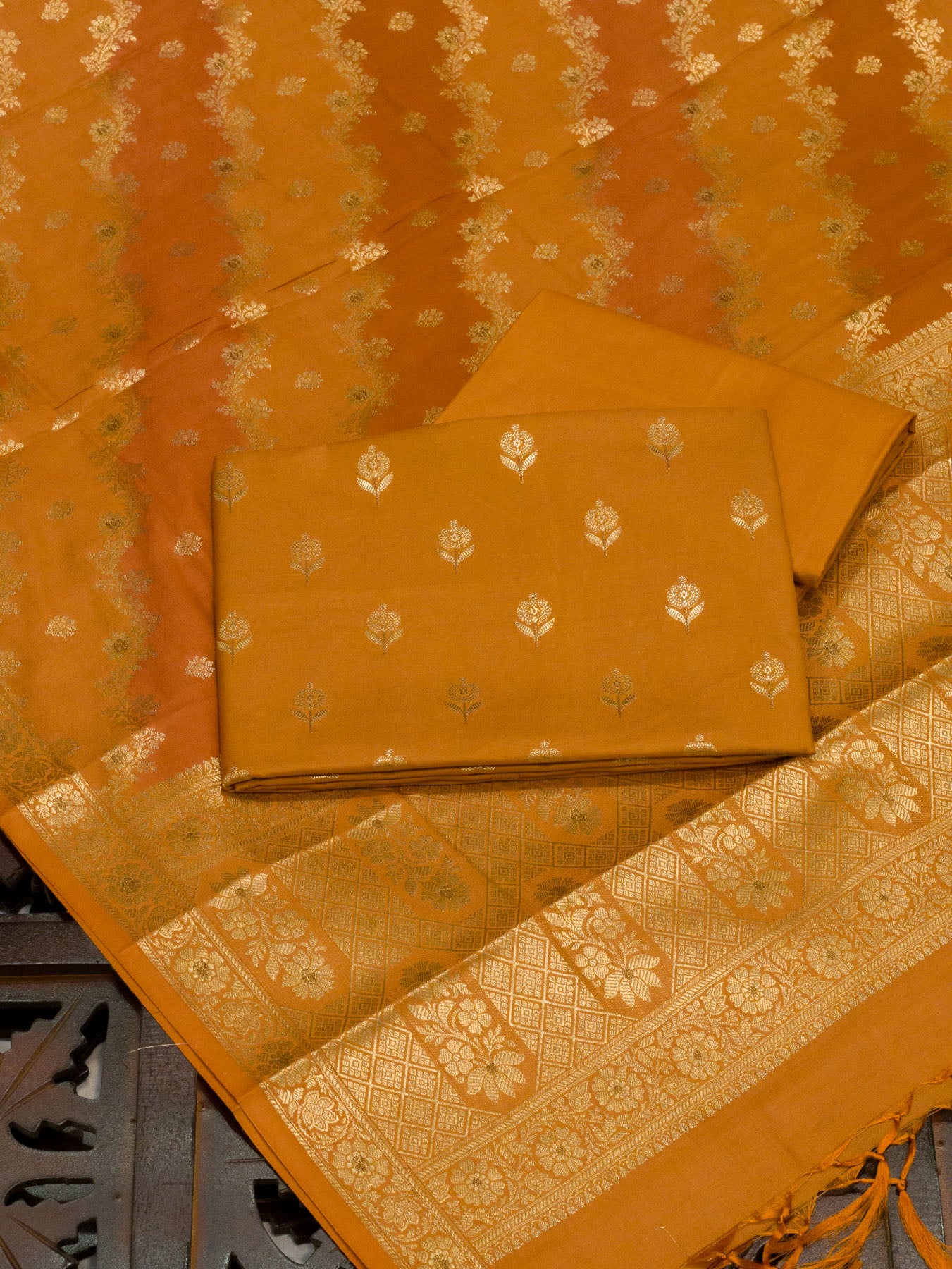 Mustard Yellow Mulberry Viscose Hand Rangkaat Suit 3 Pcs Set