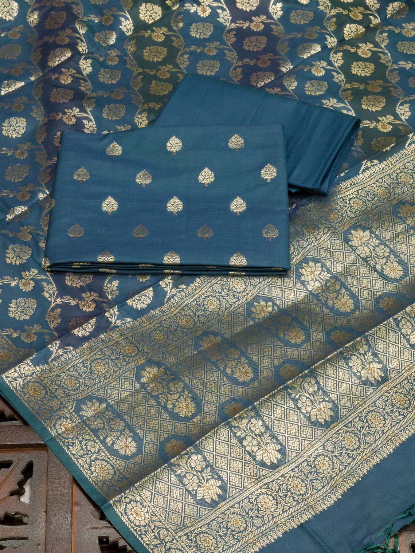 German Blue Mulberry Viscose Hand Rangkaat Suit 3 Pcs Set