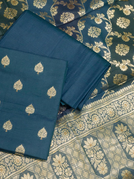German Blue Mulberry Viscose Hand Rangkaat Suit 3 Pcs Set