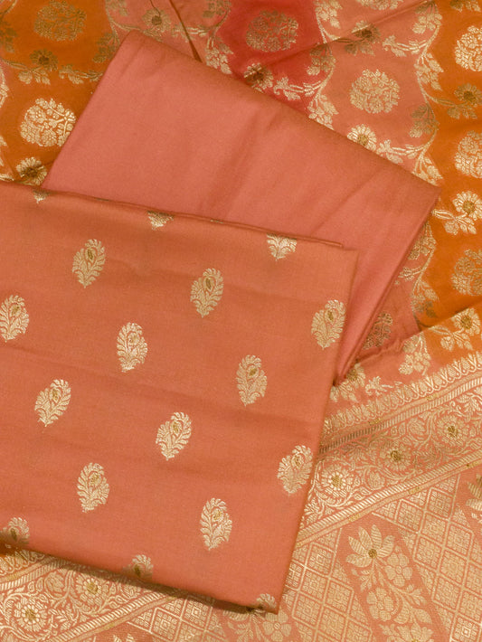 Orangish Peach Mulberry Viscose Hand Rangkaat Suit 3 Pcs Set
