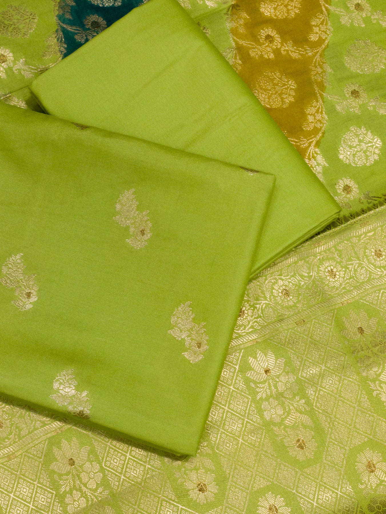 Lime Green Mulberry Viscose Hand Rangkaat Suit 3 Pcs Set