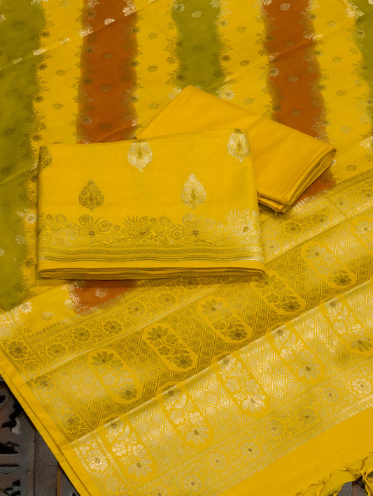Bright Yellow Mulberry Viscose Hand Rangkaat Suit 3 Pcs Set