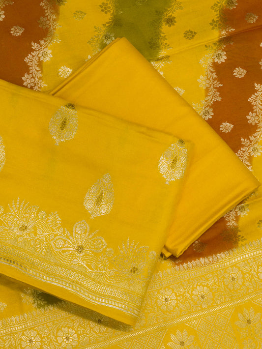 Bright Yellow Mulberry Viscose Hand Rangkaat Suit 3 Pcs Set