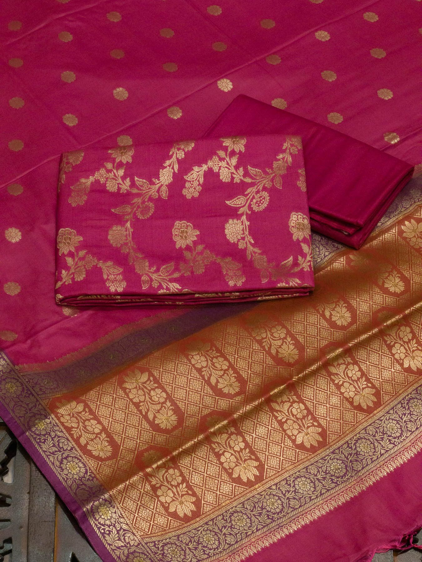Hot Pink Mulberry Viscose Hand Rangkaat Suit 3 Pcs Set