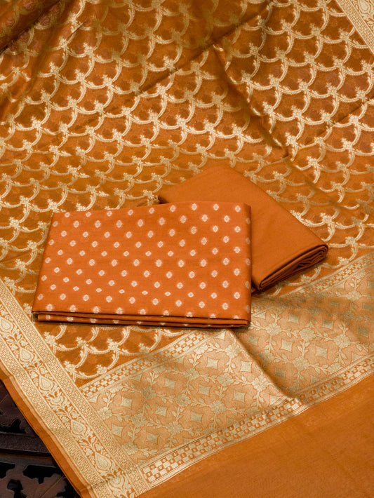Saffron Orange Pure Silk Mul Chanderi Suit Set - Top Dupatta & Bottom