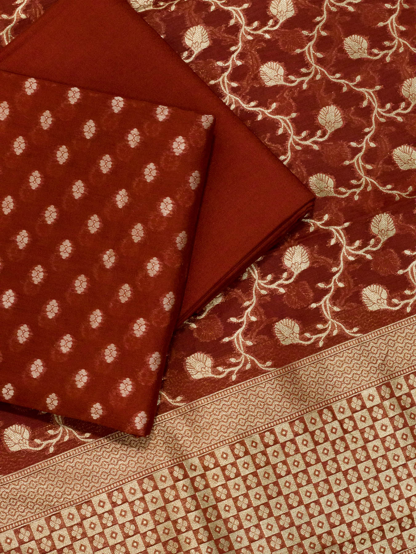 Sindoor Red Pure Silk Mul Chanderi Suit Set - Top Dupatta & Bottom
