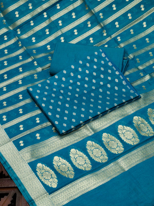 German Blue Pure Silk Mul Chanderi Suit Set - Top Dupatta & Bottom
