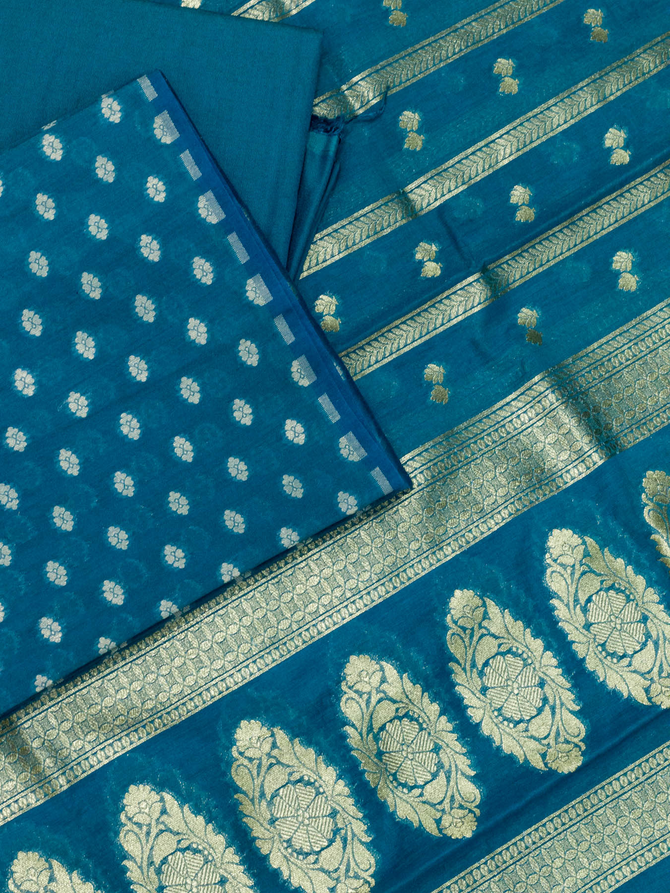 German Blue Pure Silk Mul Chanderi Suit Set - Top Dupatta & Bottom