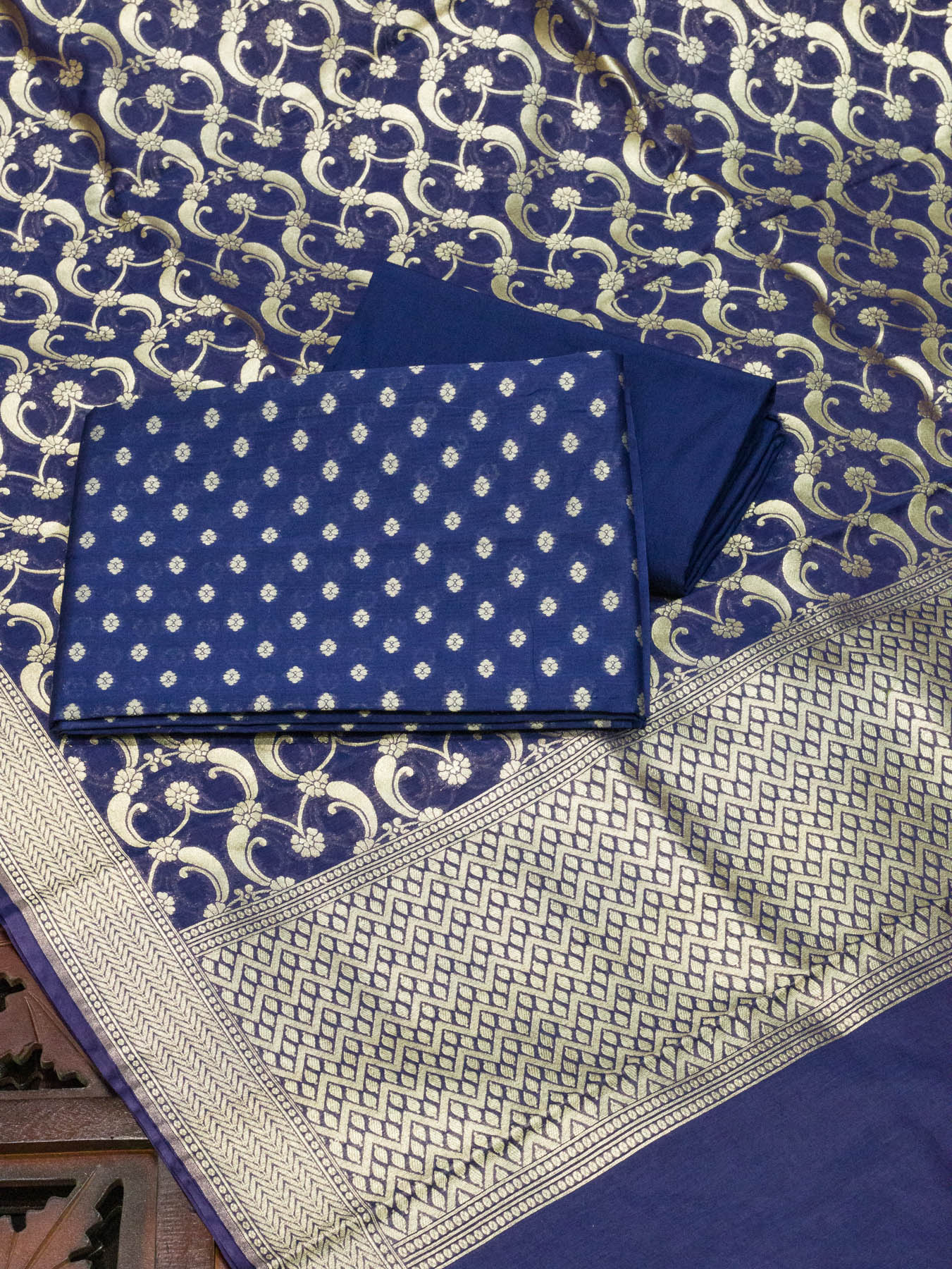 Indigo Blue Pure Silk Mul Chanderi Suit Set - Top Dupatta & Bottom