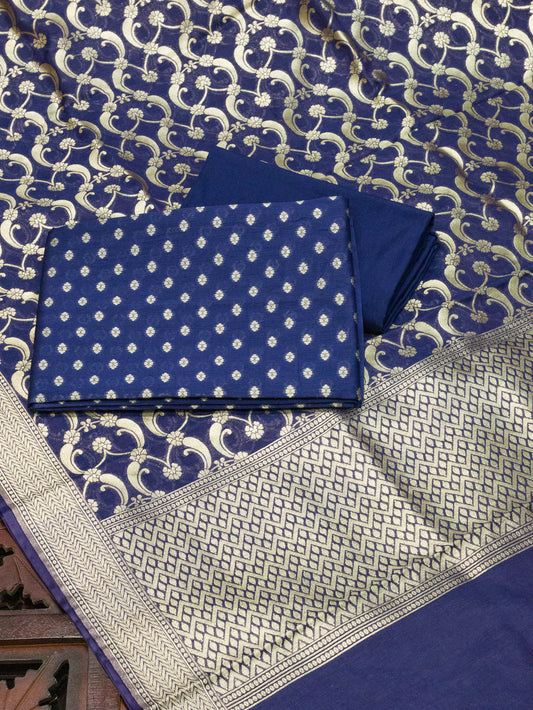 Indigo Blue Pure Silk Mul Chanderi Suit Set - Top Dupatta & Bottom