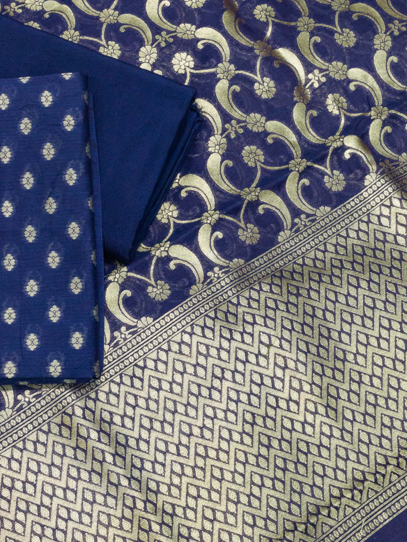 Indigo Blue Pure Silk Mul Chanderi Suit Set - Top Dupatta & Bottom