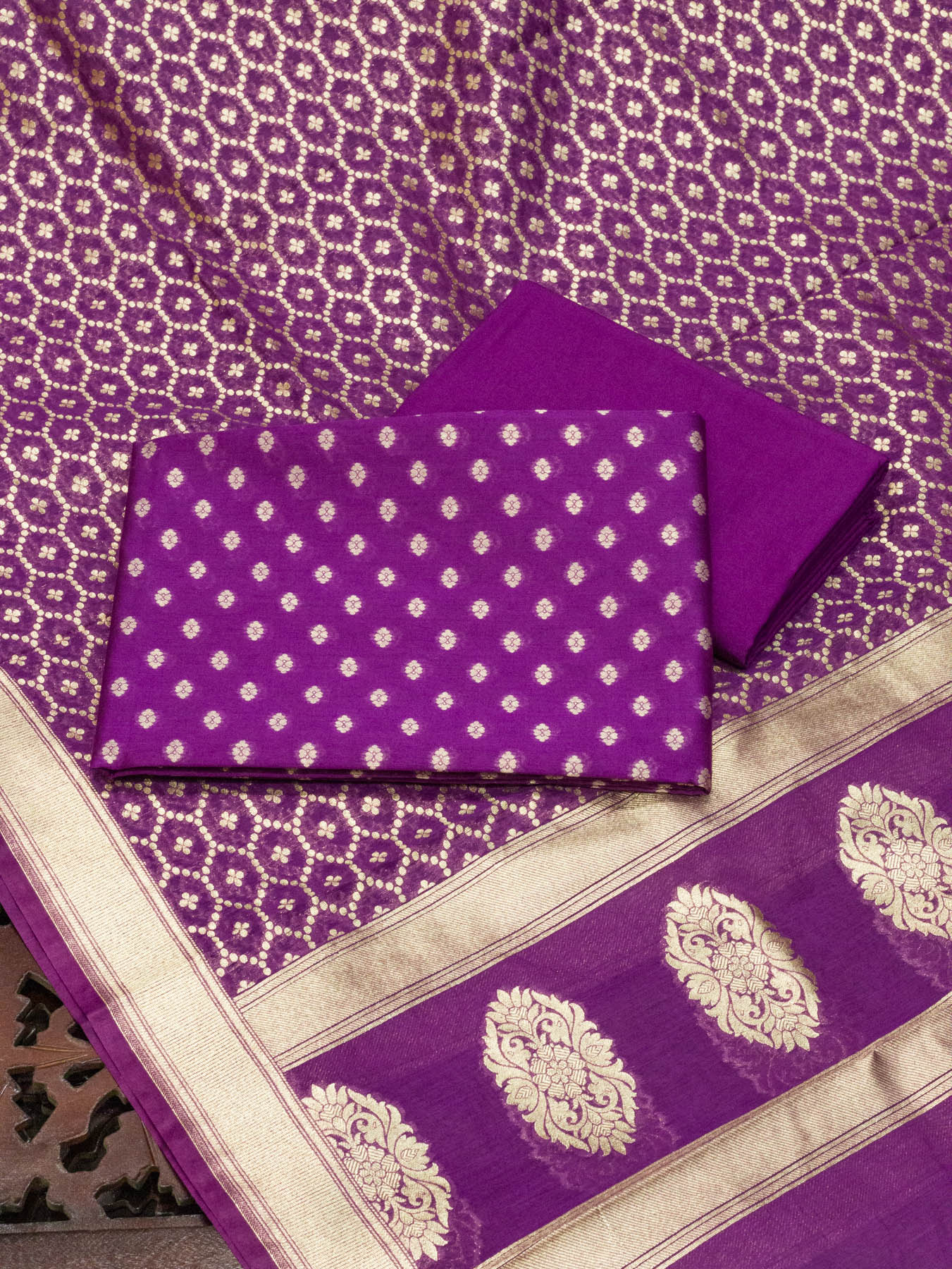 Plum Magenta Pure Silk Mul Chanderi Suit Set - Top Dupatta & Bottom