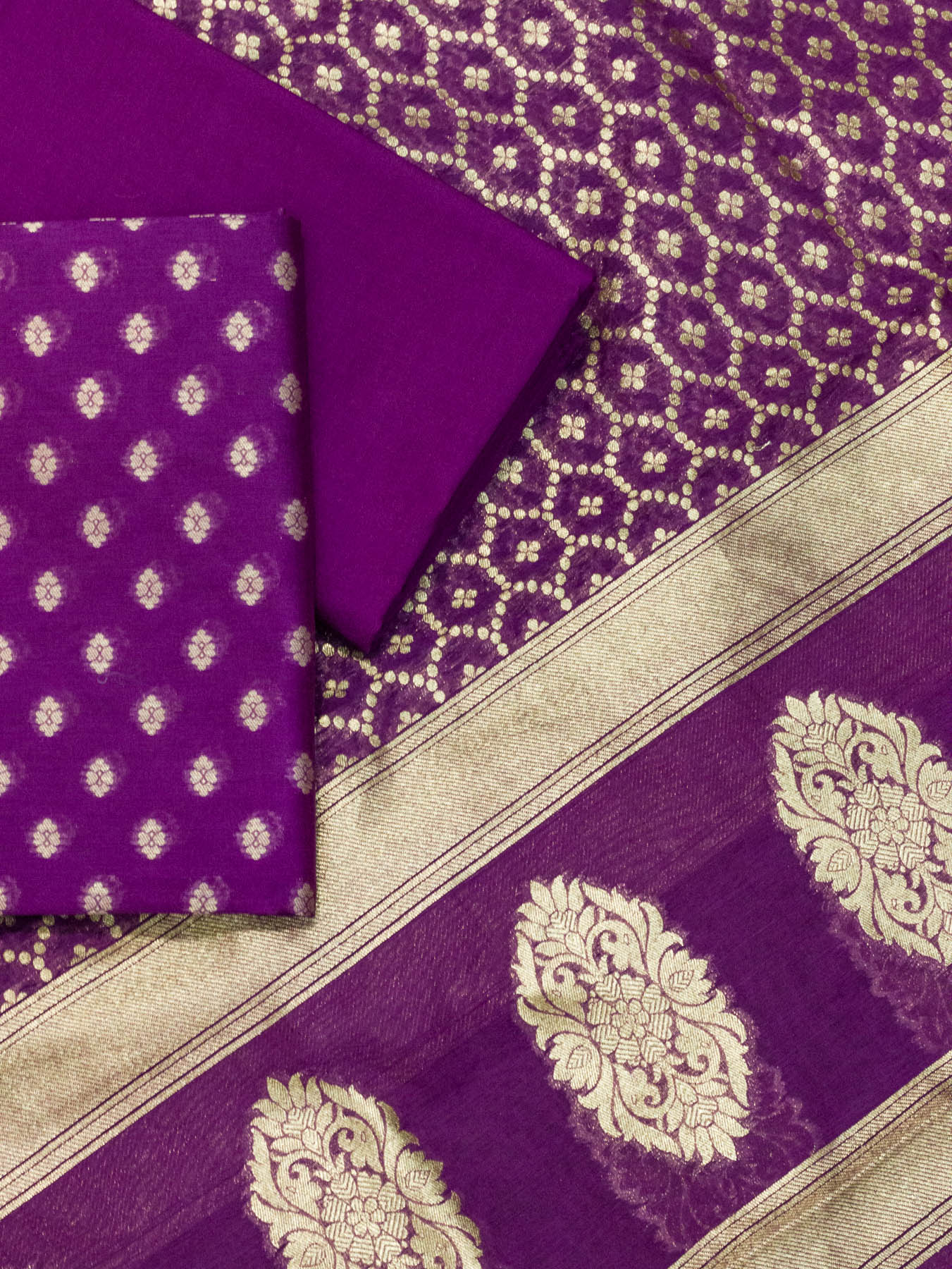 Plum Magenta Pure Silk Mul Chanderi Suit Set - Top Dupatta & Bottom