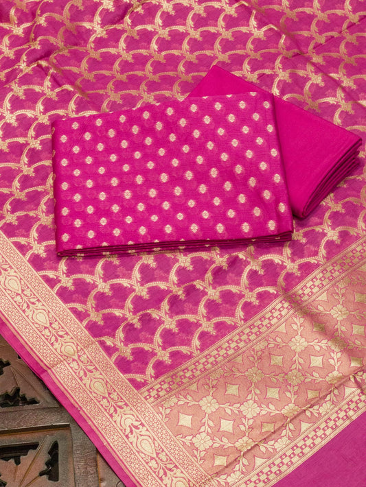 Hot Rani Pink Pure Silk Mul Chanderi Suit Set - Top Dupatta & Bottom