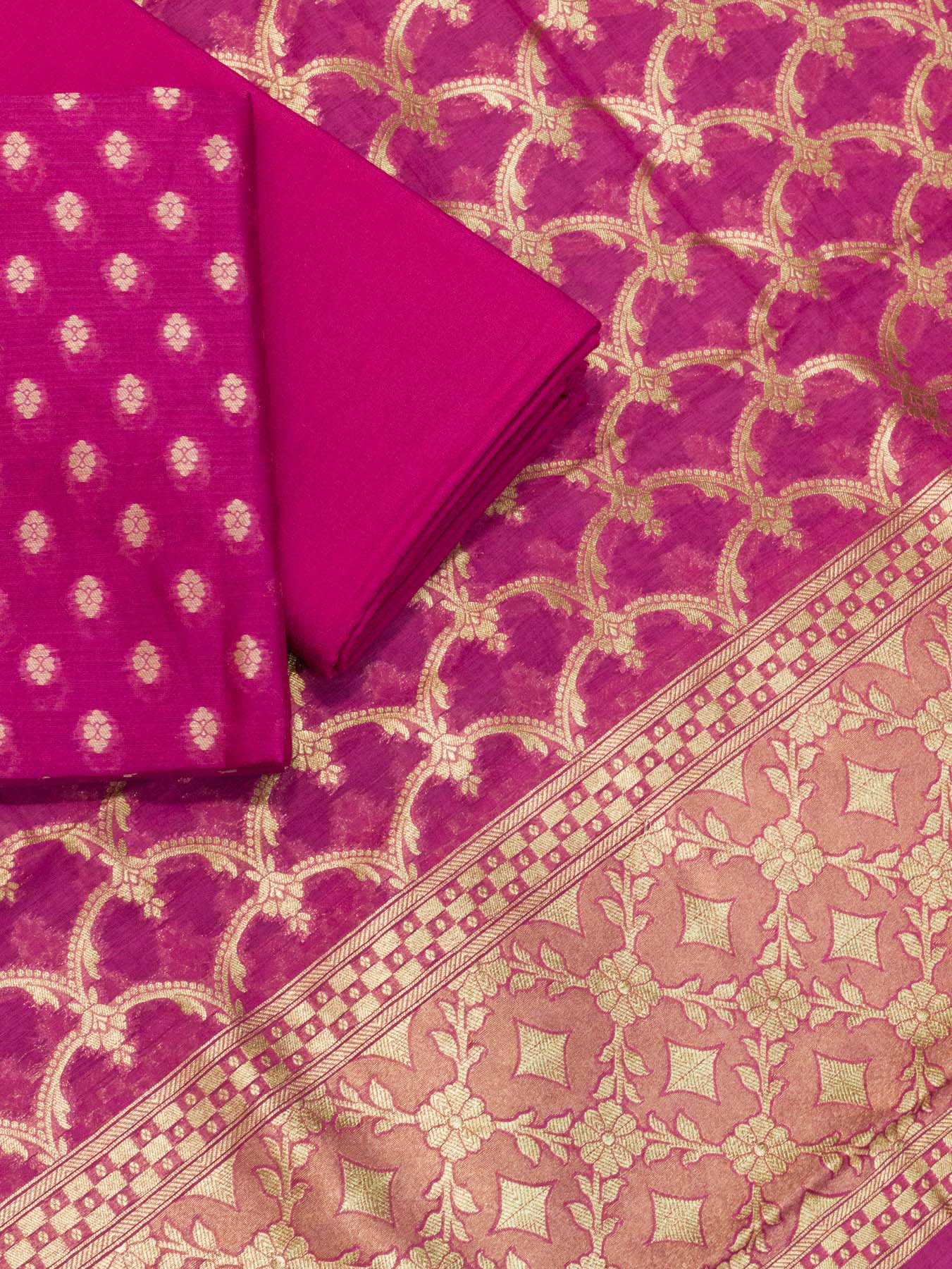 Hot Rani Pink Pure Silk Mul Chanderi Suit Set - Top Dupatta & Bottom