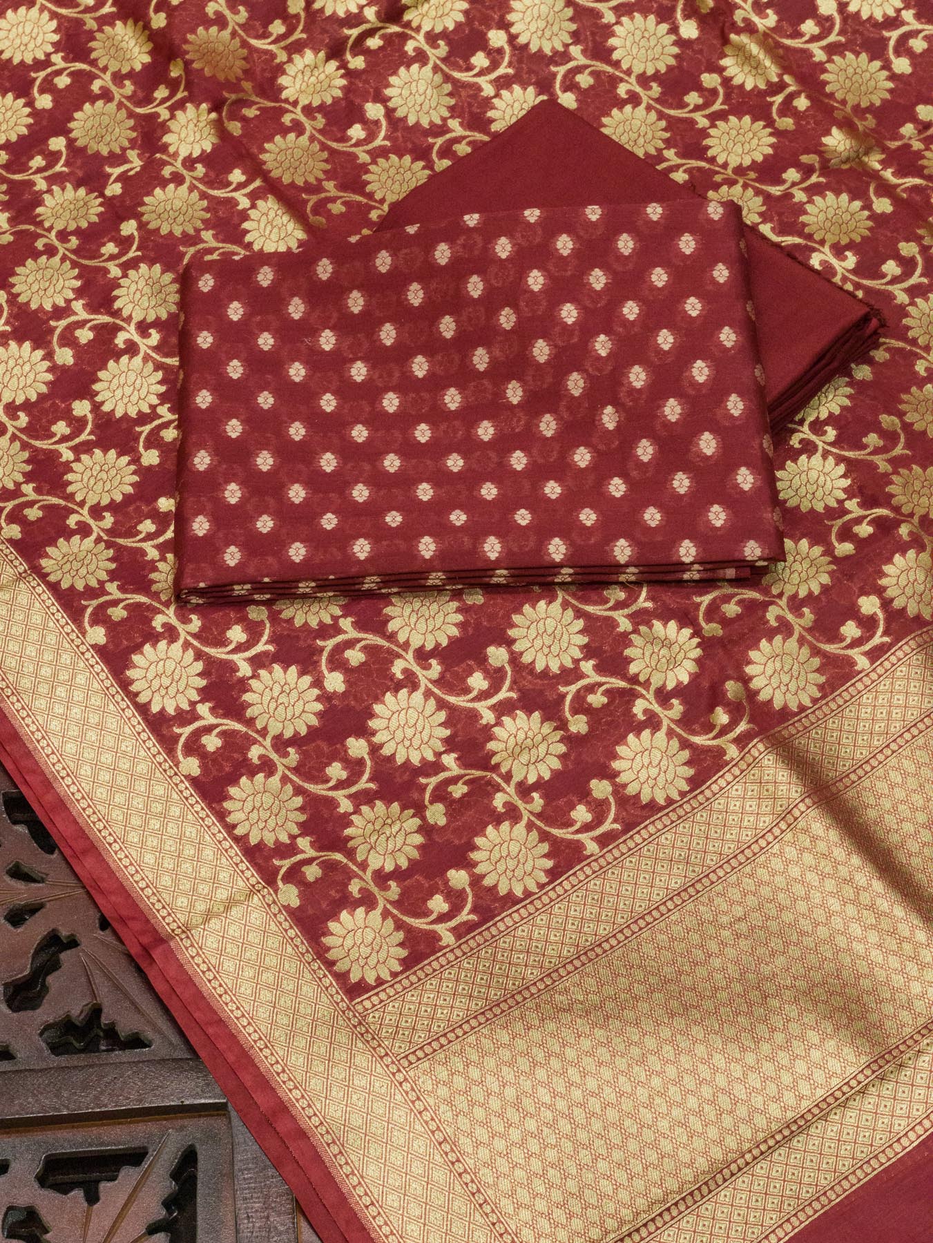 Kachhi Maroon Pure Silk Mul Chanderi Suit Set - Top Dupatta & Bottom