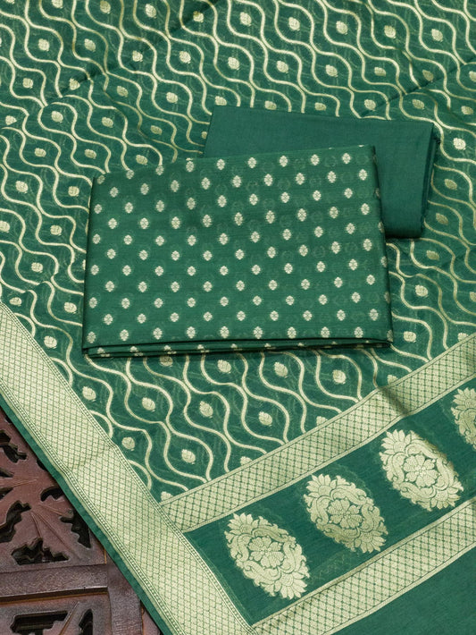 Emerald Green Pure Silk Mul Chanderi Suit Set - Top Dupatta & Bottom