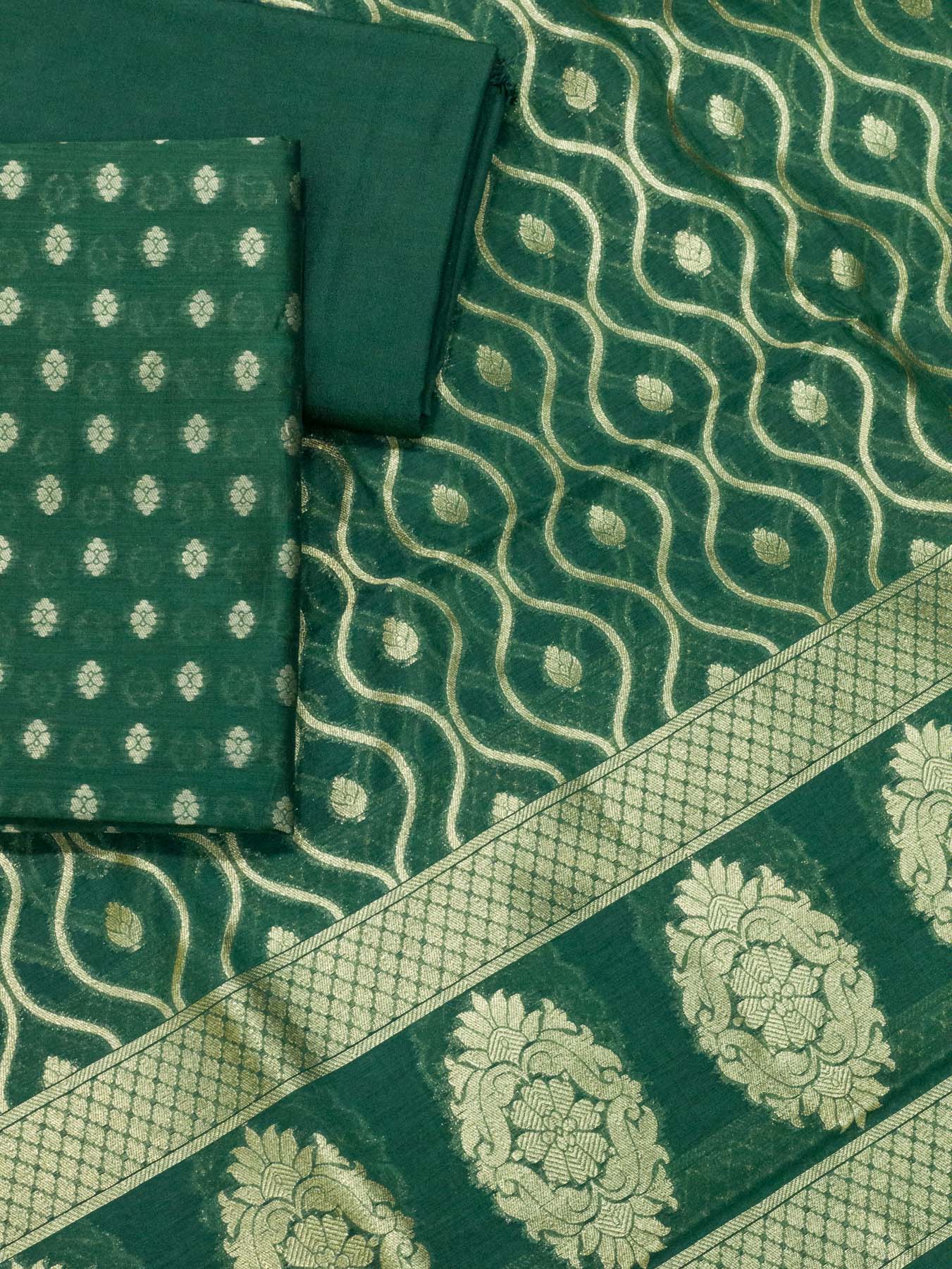 Emerald Green Pure Silk Mul Chanderi Suit Set - Top Dupatta & Bottom
