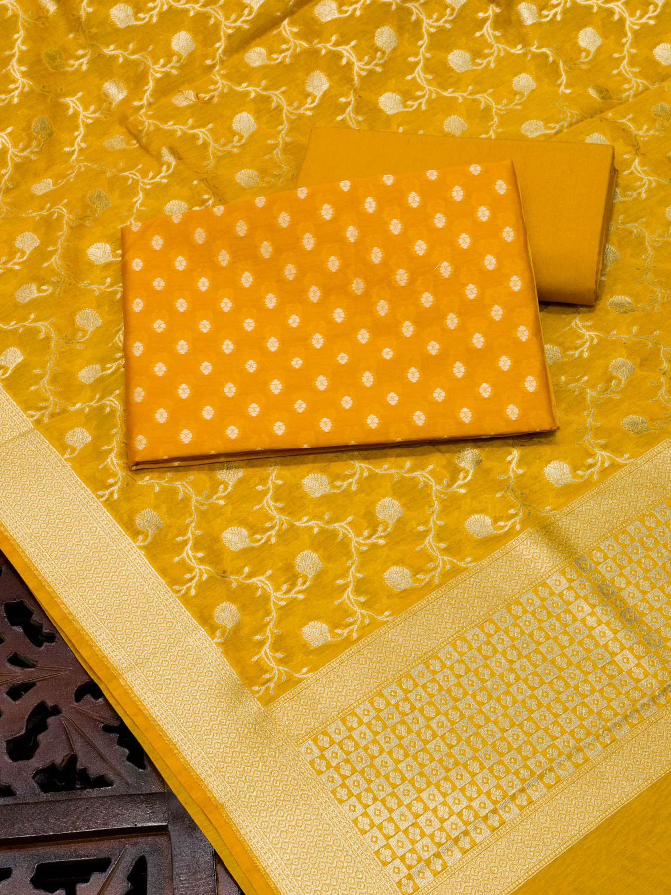 Mustard Yellow Pure Silk Mul Chanderi Suit Set - Top Dupatta & Bottom
