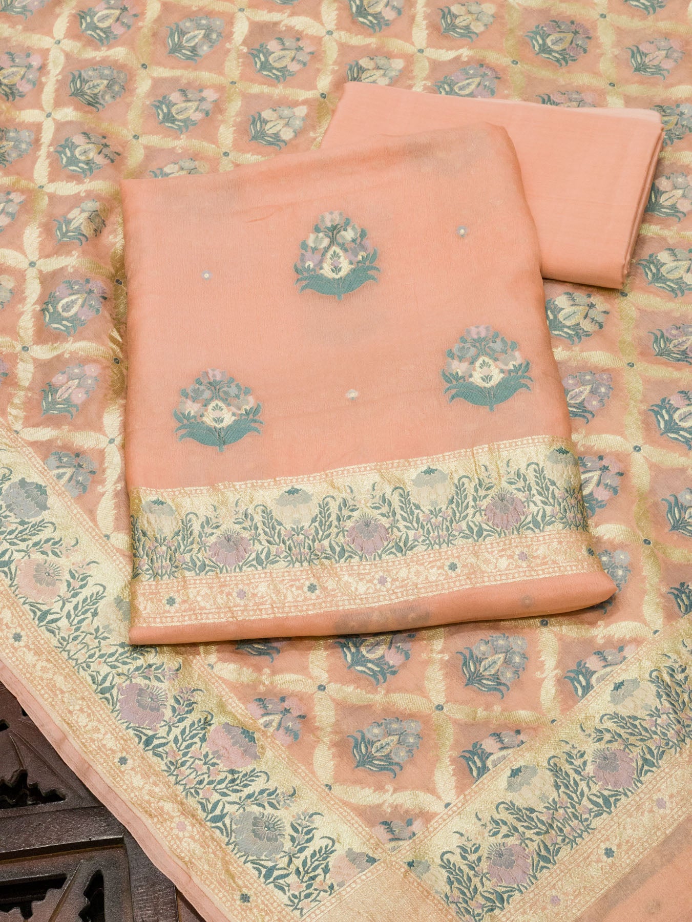 Peach Pink Pure Silk Crepe Khaddi Tilfi Suit Set - Top Dupatta & Bottom