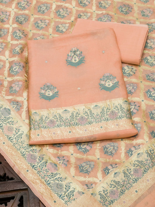 Peach Pink Pure Silk Crepe Khaddi Tilfi Suit Set - Top Dupatta & Bottom