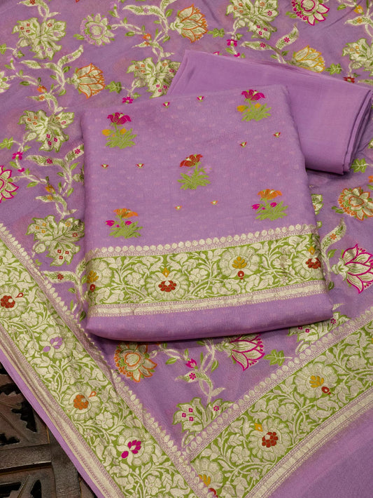 Lavandar Purple Pure Silk Crepe Khaddi Tilfi Suit Set - Top Dupatta & Bottom