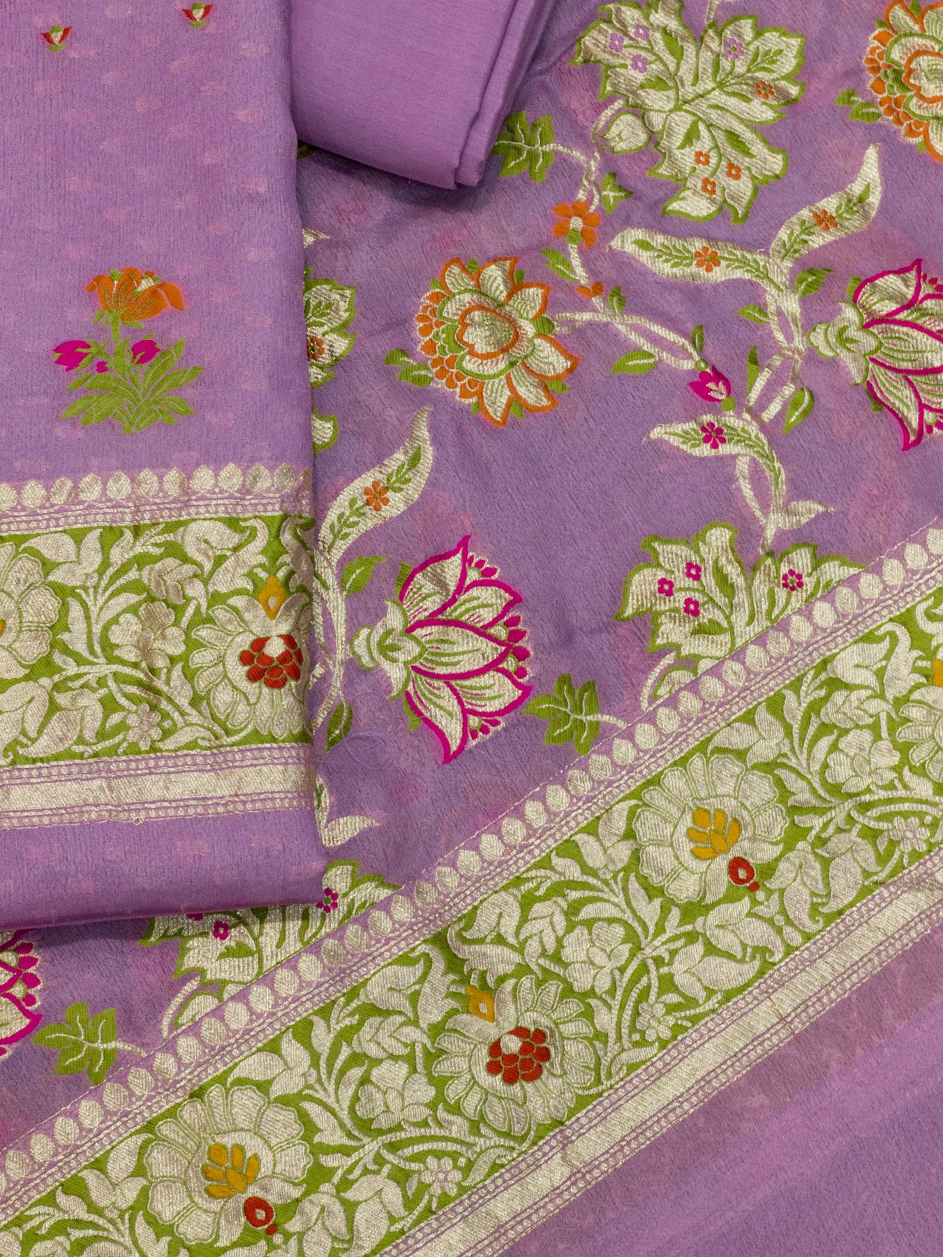 Lavandar Purple Pure Silk Crepe Khaddi Tilfi Suit Set - Top Dupatta & Bottom