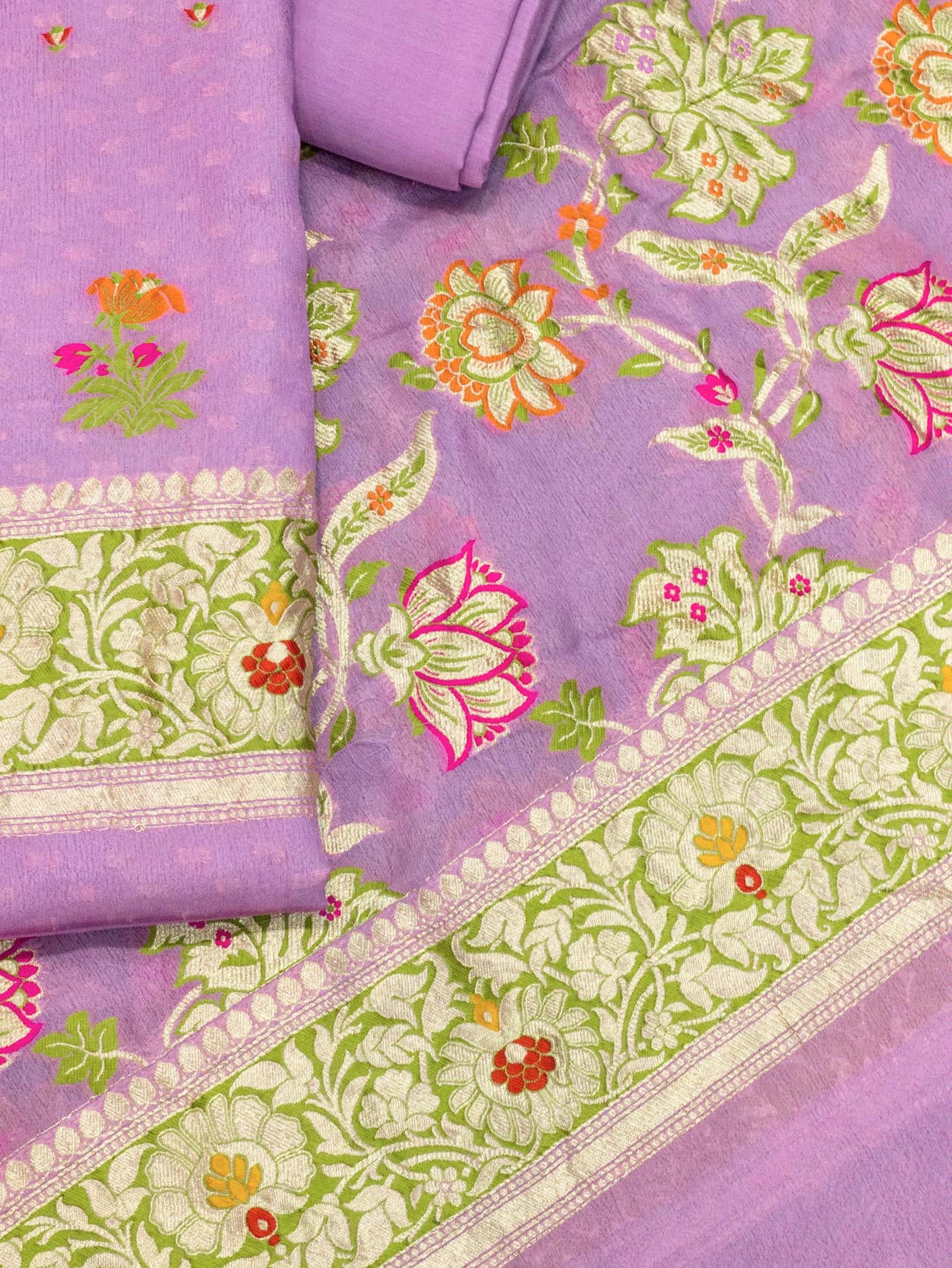 Lavandar Purple Pure Silk Crepe Khaddi Tilfi Suit Set - Top Dupatta & Bottom