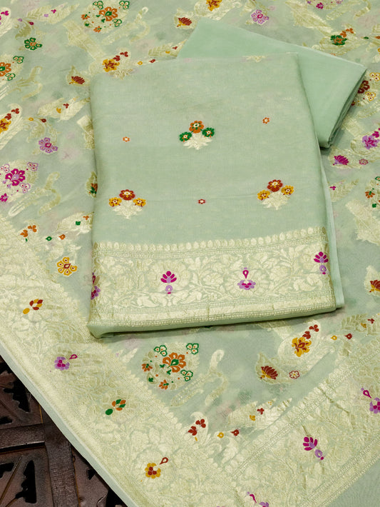 Pista Green Pure Silk Crepe Khaddi Tilfi Suit Set - Top Dupatta & Bottom