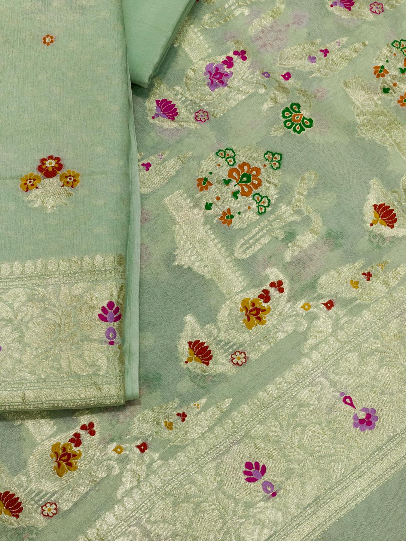 Pista Green Pure Silk Crepe Khaddi Tilfi Suit Set - Top Dupatta & Bottom