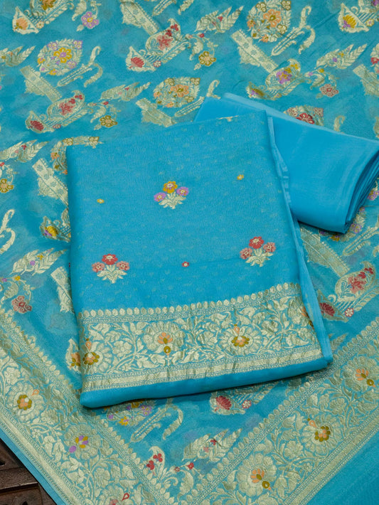 Firozi Blue Pure Silk Crepe Khaddi Tilfi Suit Set - Top Dupatta & Bottom