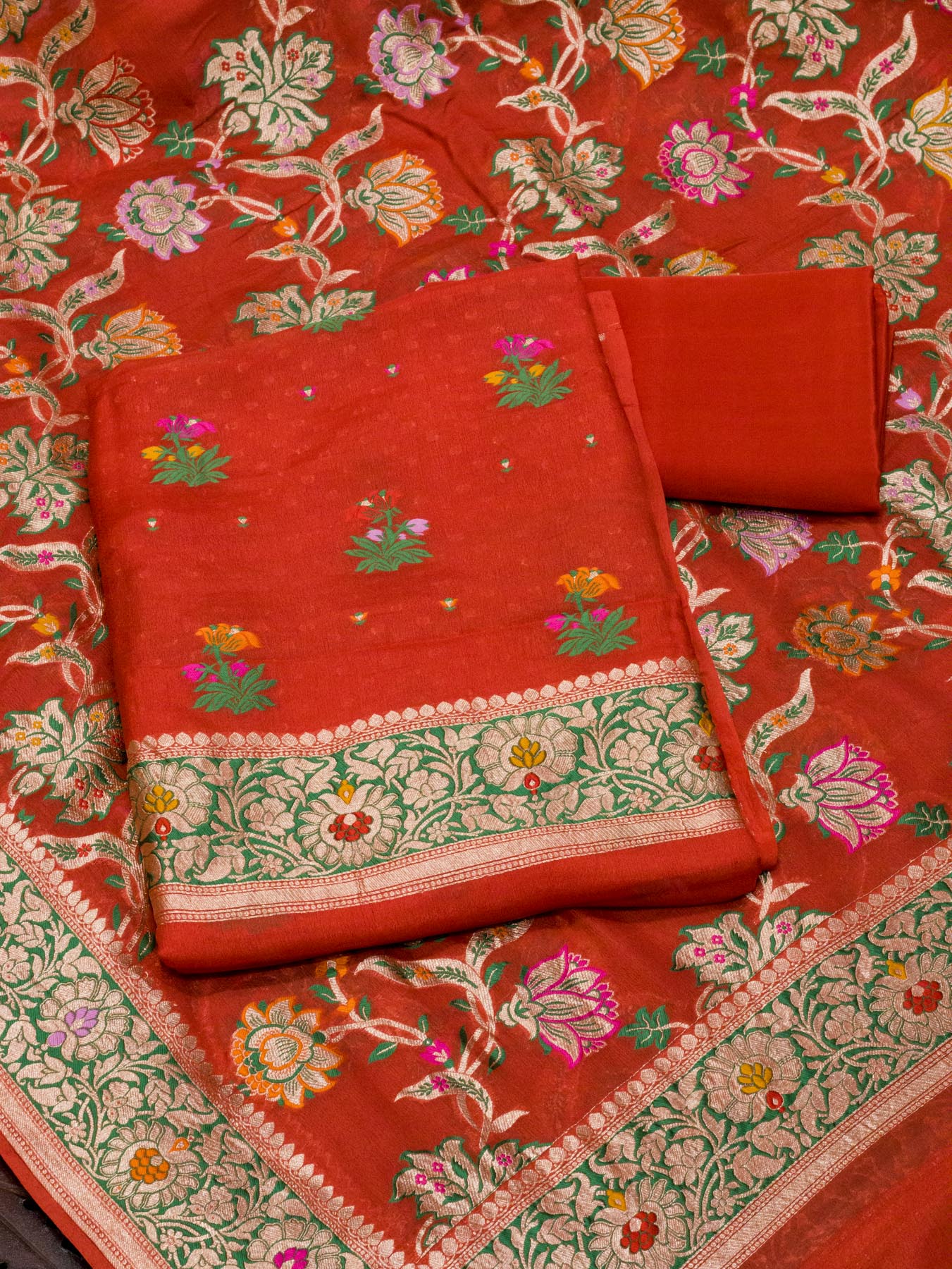 Bright Red Pure Silk Crepe Khaddi Tilfi Suit Set - Top Dupatta & Bottom