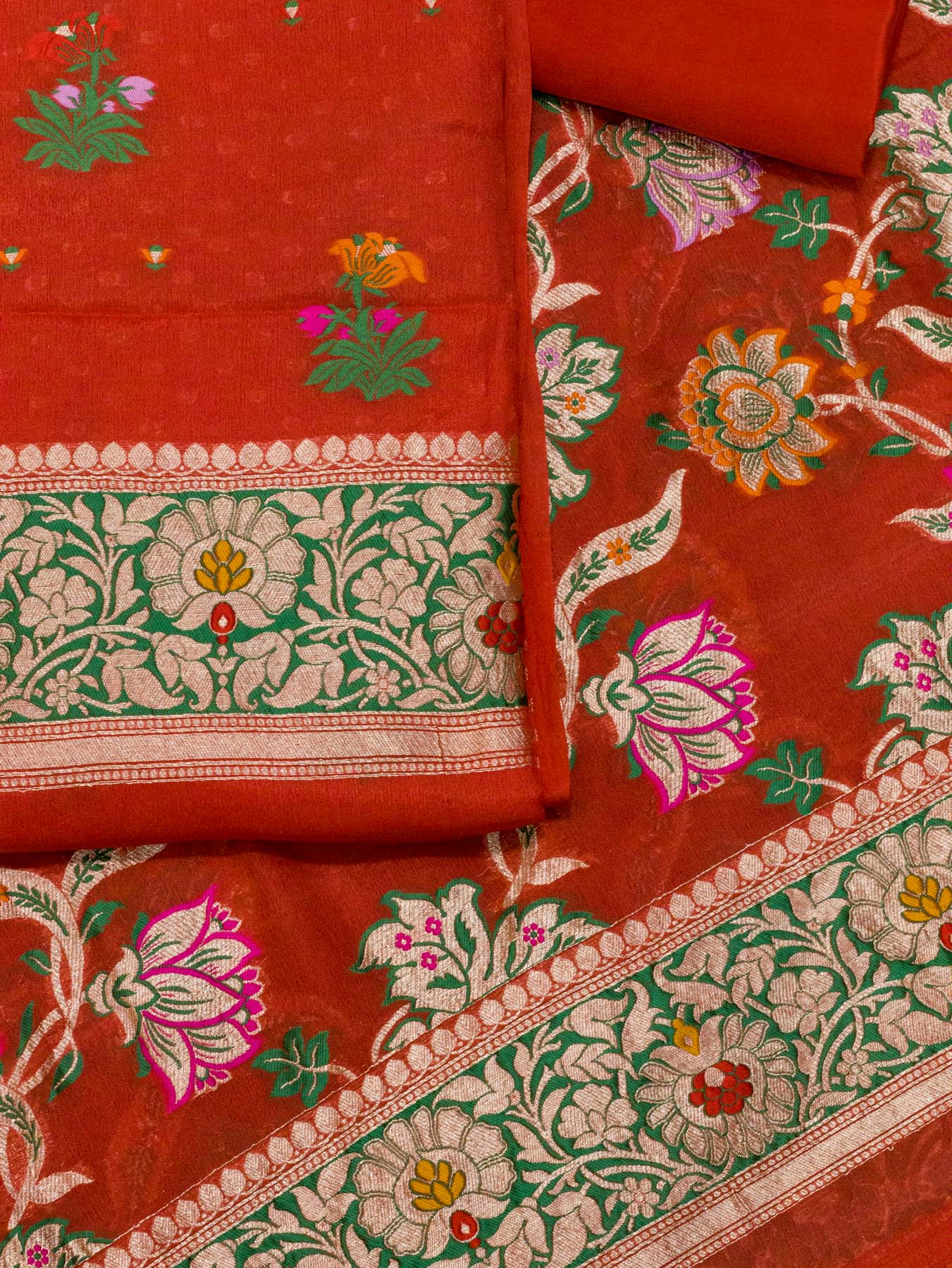 Bright Red Pure Silk Crepe Khaddi Tilfi Suit Set - Top Dupatta & Bottom