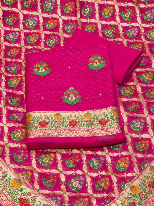 Hot Pink Pure Silk Crepe Khaddi Tilfi Suit Set - Top Dupatta & Bottom