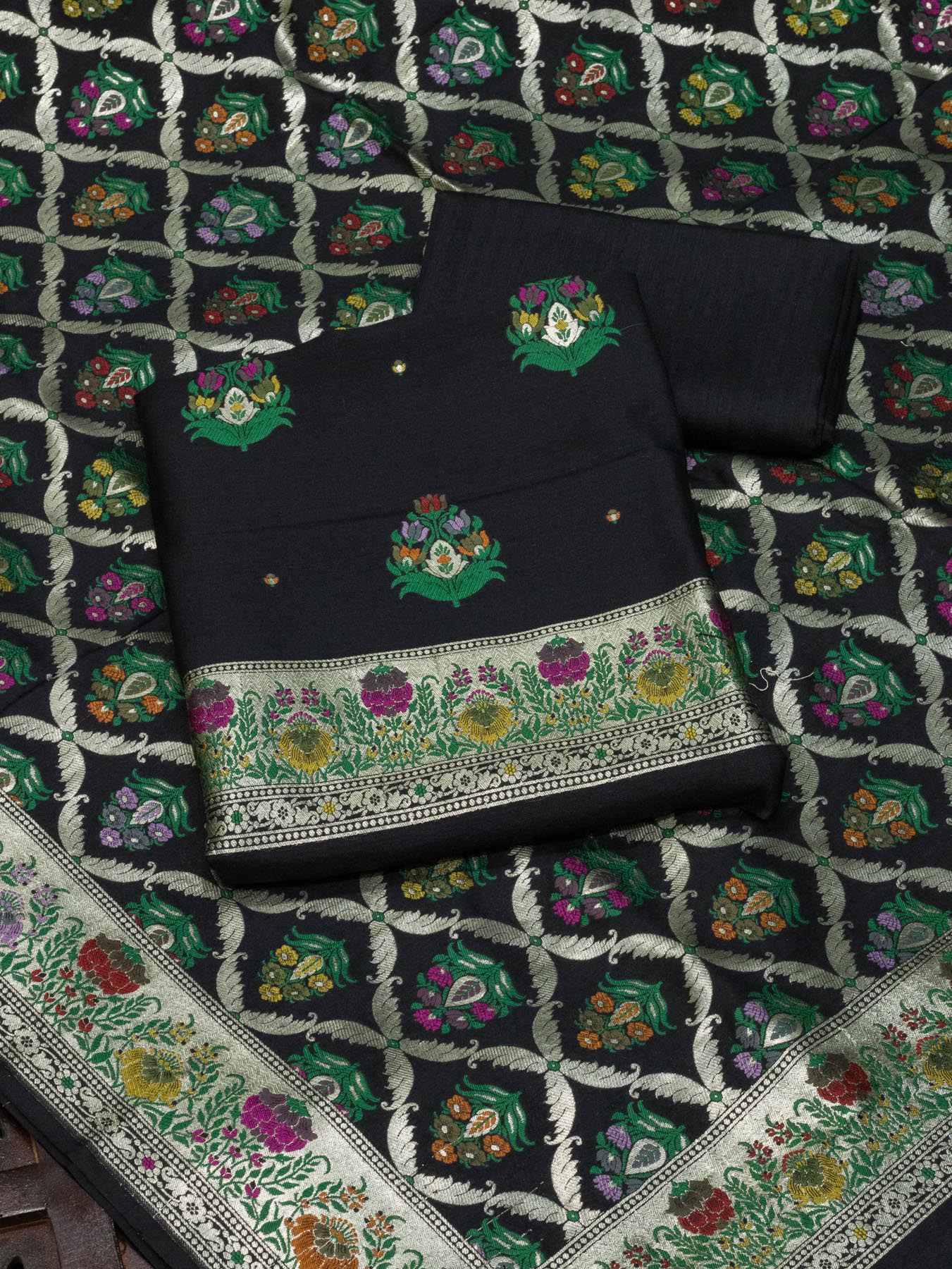 Noir Black Pure Silk Munga Khaddi Tilfi Suit Set - Top Dupatta & Bottom