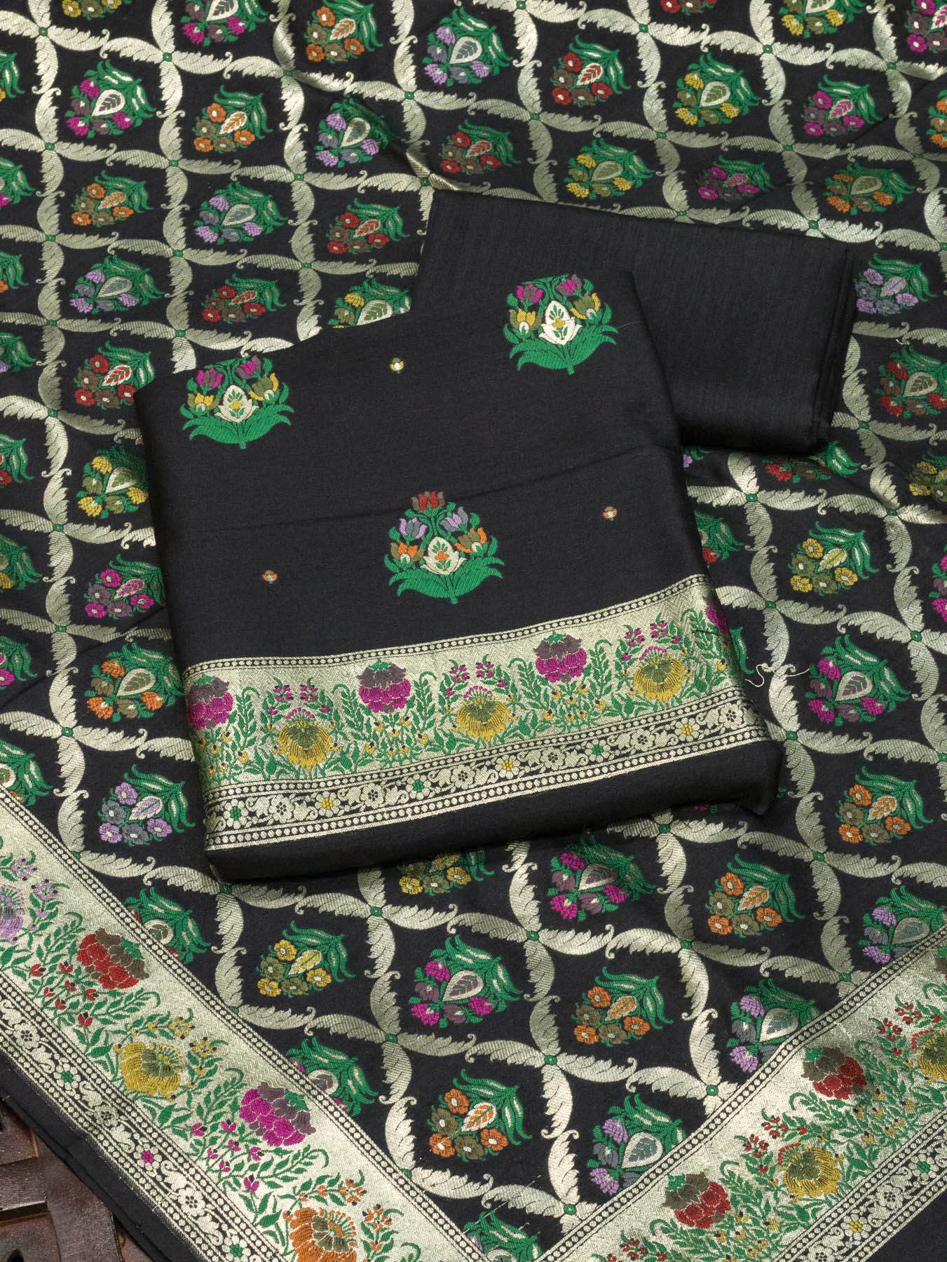 Noir Black Pure Silk Munga Khaddi Tilfi Suit Set - Top Dupatta & Bottom