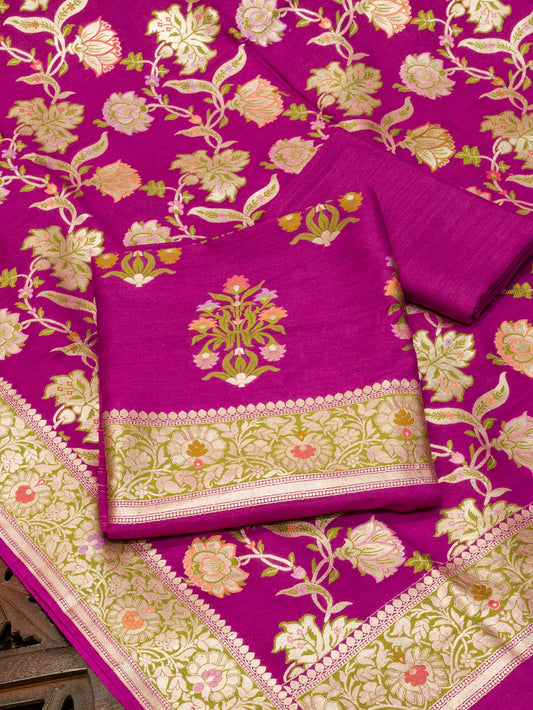Magenta Pink Pure Silk Munga Khaddi Tilfi Suit Set - Top Dupatta & Bottom