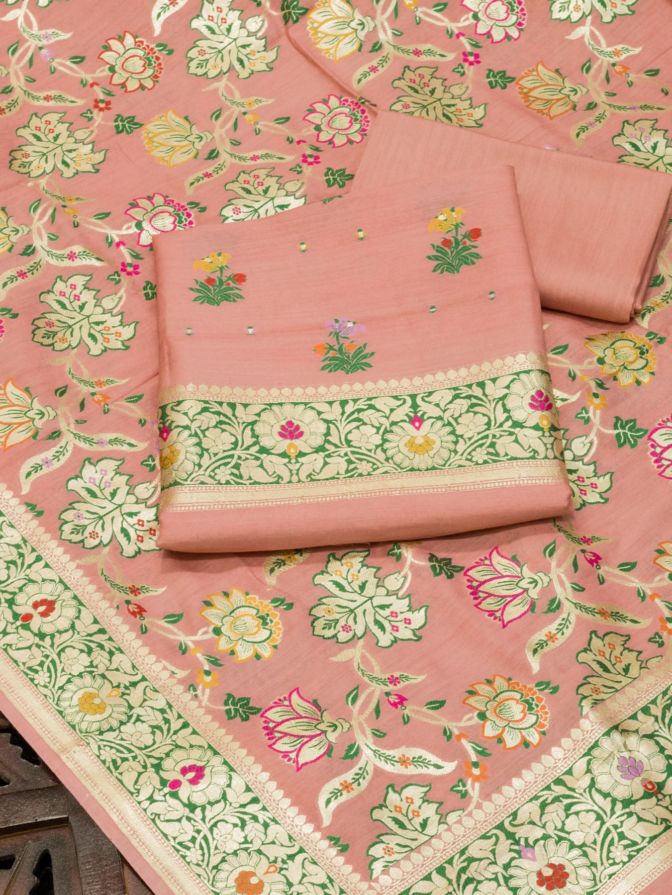 Peach Pink Pure Silk Munga Khaddi Tilfi Suit Set - Top Dupatta & Bottom
