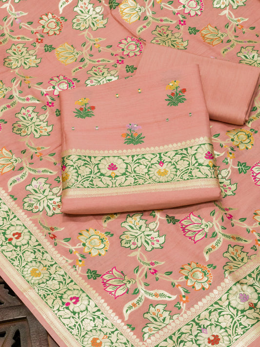 Peach Pink Pure Silk Munga Khaddi Tilfi Suit Set - Top Dupatta & Bottom