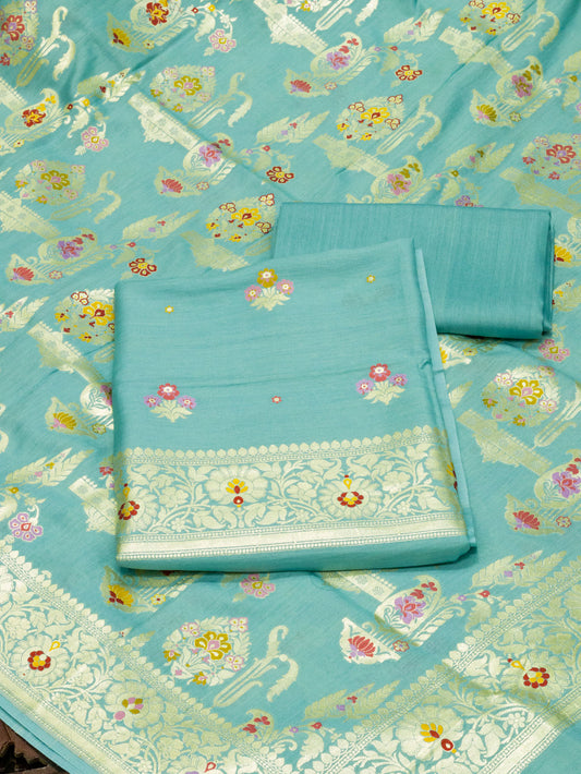 Pastel Firozi Pure Silk Munga Khaddi Tilfi Suit Set - Top Dupatta & Bottom