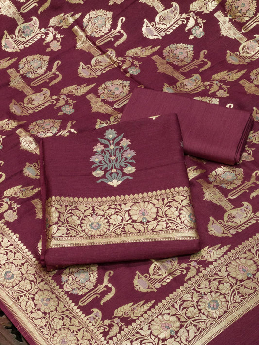 Wine Purple Pure Silk Munga Khaddi Tilfi Suit Set - Top Dupatta & Bottom