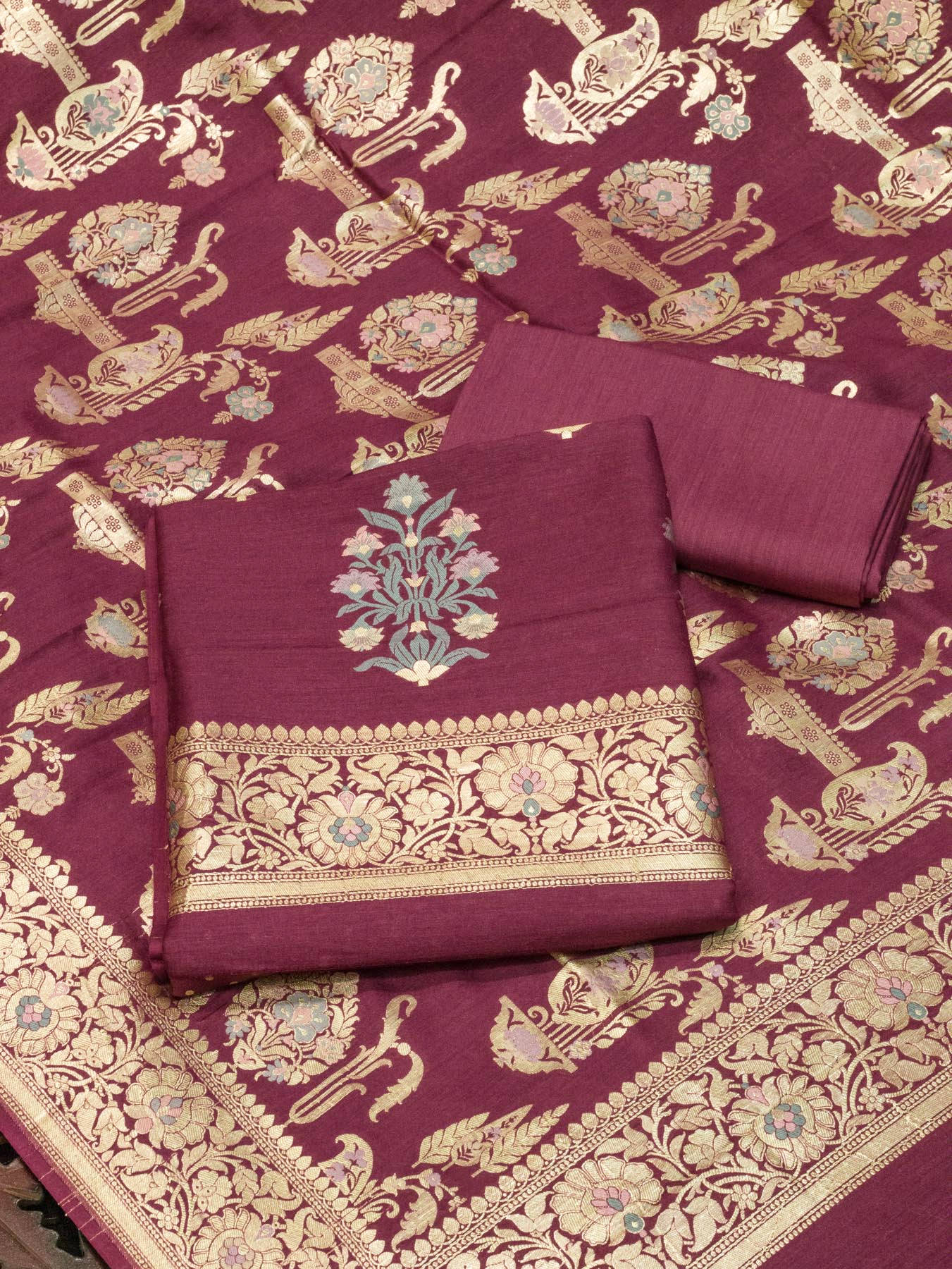 Wine Purple Pure Silk Munga Khaddi Tilfi Suit Set - Top Dupatta & Bottom