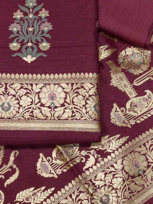 Wine Purple Pure Silk Munga Khaddi Tilfi Suit Set - Top Dupatta & Bottom