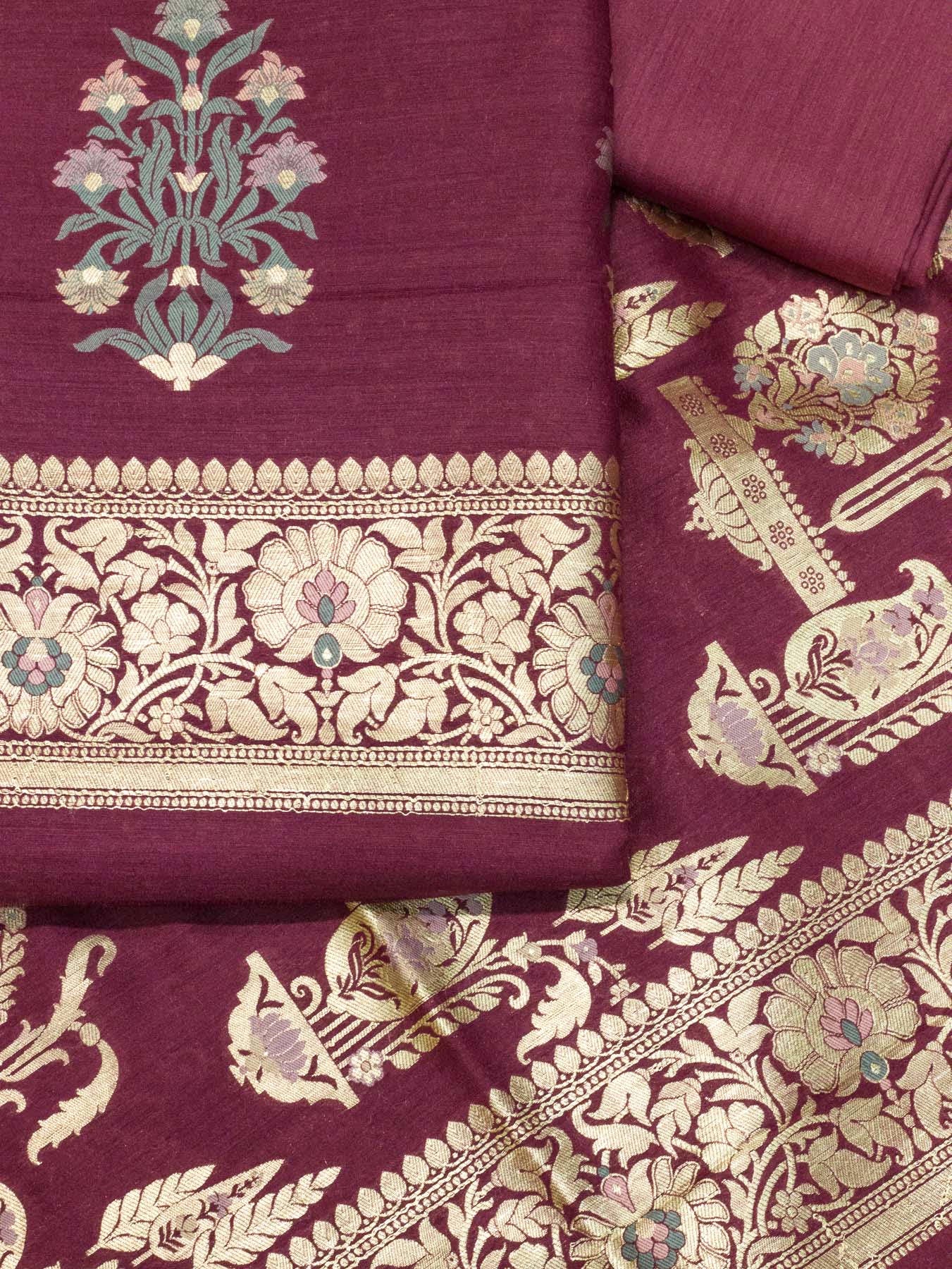 Wine Purple Pure Silk Munga Khaddi Tilfi Suit Set - Top Dupatta & Bottom