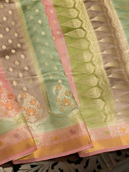Multicolor Pastel Hues Pure Dupion Silk Saree with Zari Tilfi Meenakari & Hand Rangkaat