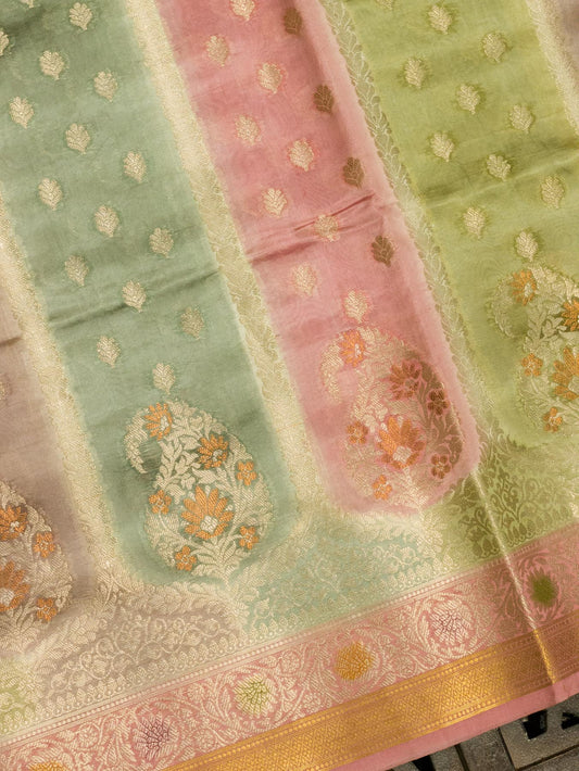 Multicolor Pastel Hues Pure Dupion Silk Saree with Zari Tilfi Meenakari & Hand Rangkaat