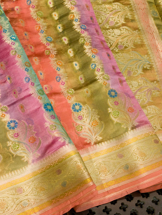 Multicolor Pastel Hues Pure Dupion Silk Saree with Zari Tilfi Meenakari & Hand Rangkaat