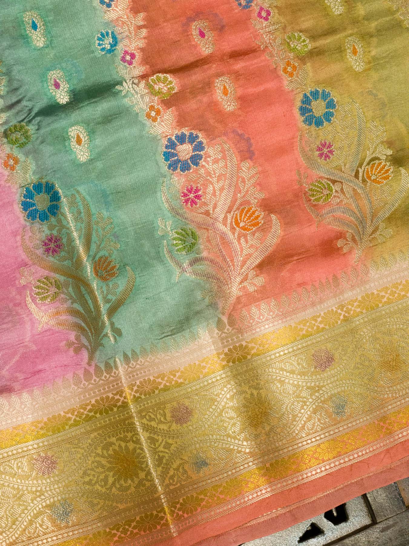 Multicolor Pastel Hues Pure Dupion Silk Saree with Zari Tilfi Meenakari & Hand Rangkaat